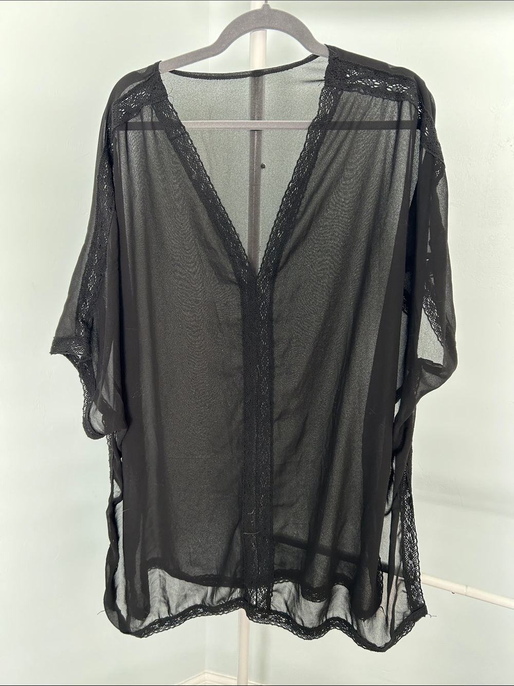 Sheer Lace-Trim Black Kimono Cover-Up -  Size L/XL
